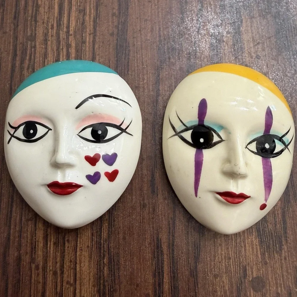 Vintage 1980s Theatrical Face Mask Magnets Set Of 2 Hearts Teardrops